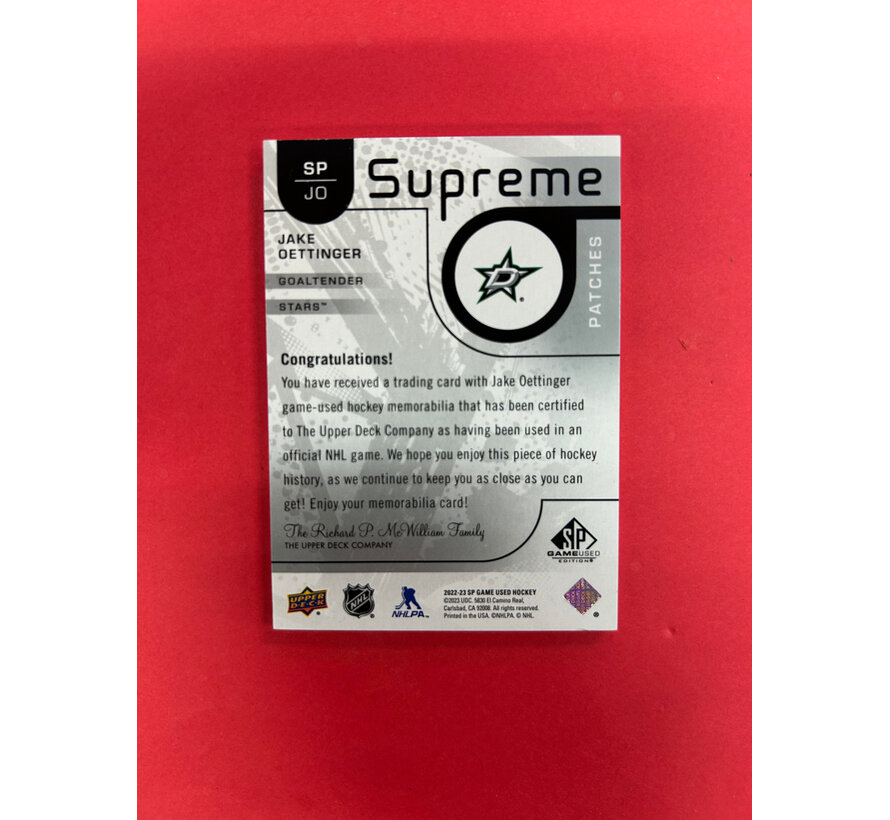 2022-23 SP GAME USED JAKE OETTINGER SUPREME PATCHES /15