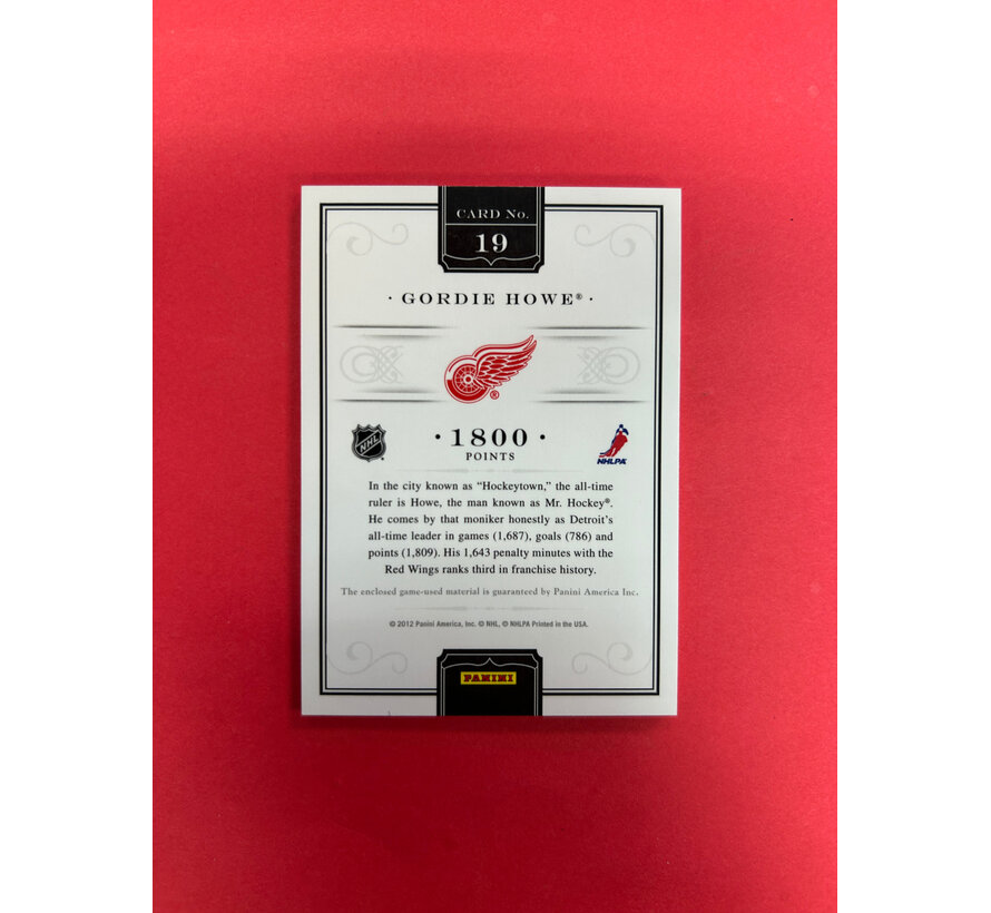 2011-12 PANINI DOMINION GORDIE HOWE BENCHMARKS 1800 GAME USED STICK 9/10 JERSEY NUMBERED