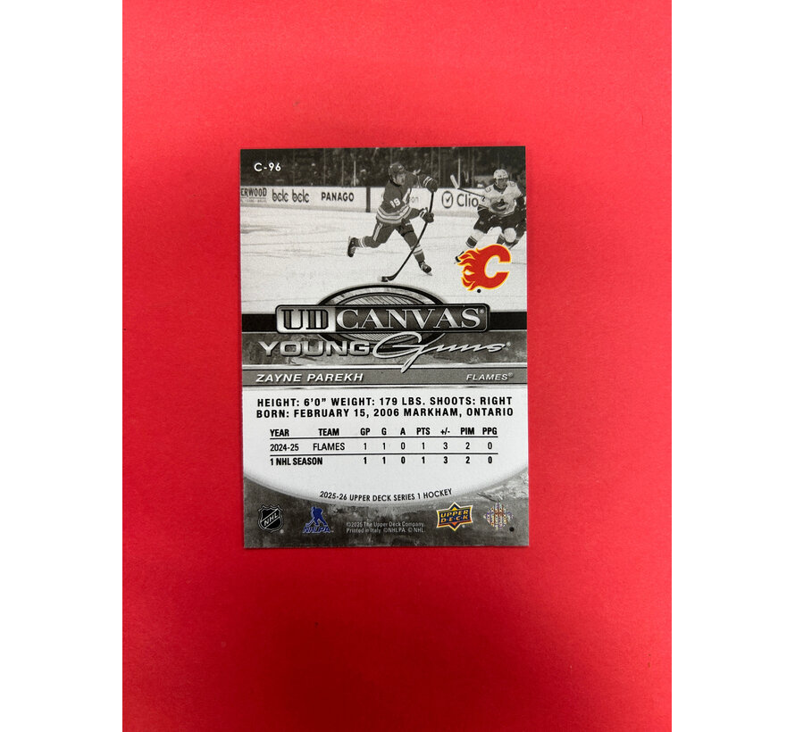 2025-26 UPPER DECK SERIES 1 ZAYNE PAREKH YOUNG GUNS BLACK AND WHITE CANVAS