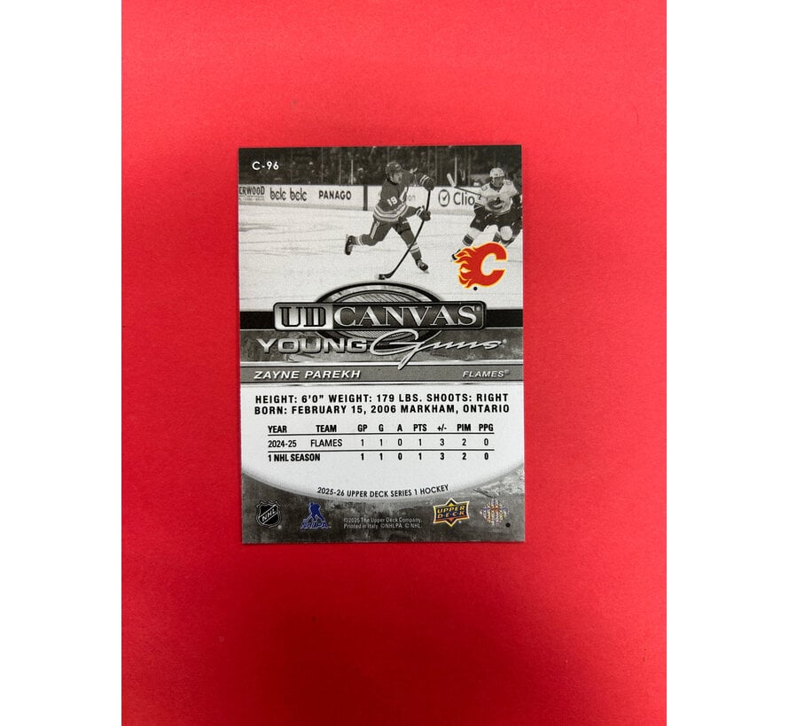 2025-26 UPPER DECK SERIES 1 ZAYNE PAREKH YOUNG GUNS BLACK AND WHITE CANVAS