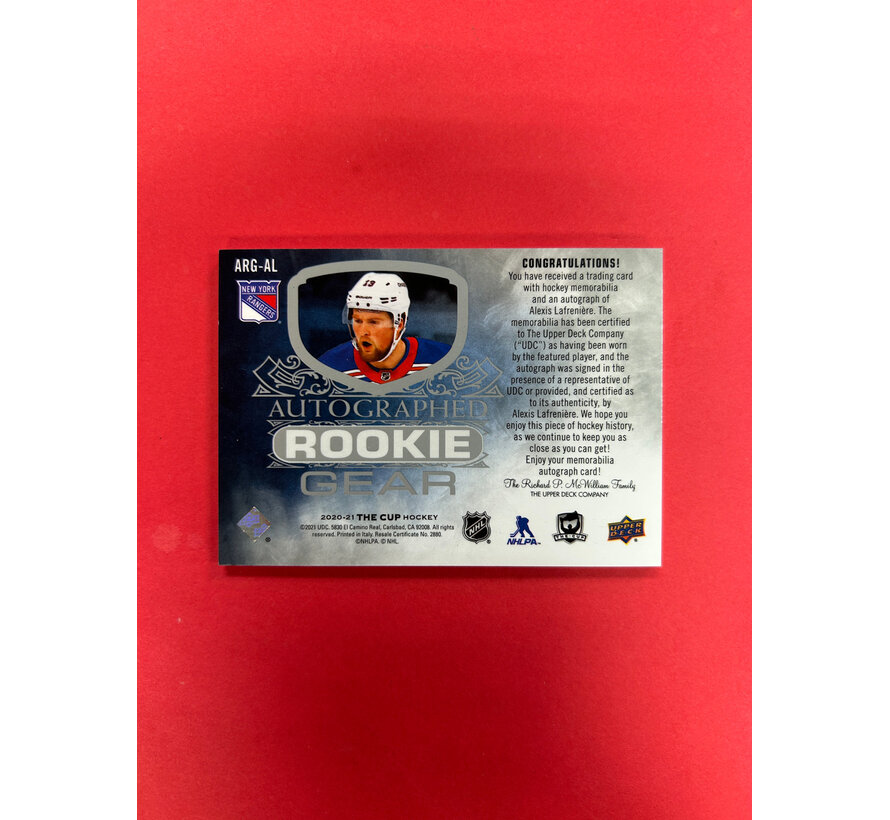 2020-21 UPPER DECK THE CUP ALEXIS LAFRENIERE AUTOGRAPHED ROOKIE GEAR /24