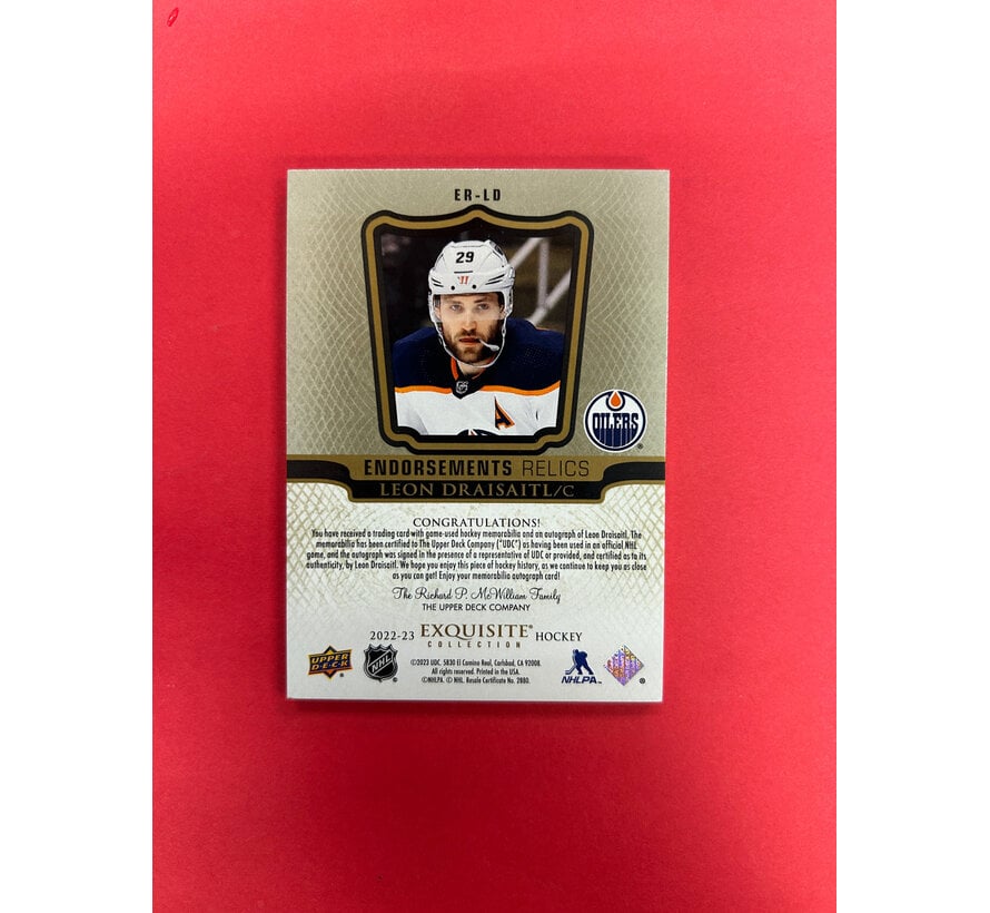 2022-23 UPPER DECK EXQUISITE COLLECTION LEON DRAISAITL ENDORSMENTS RELICS PATCH AUTO  /25