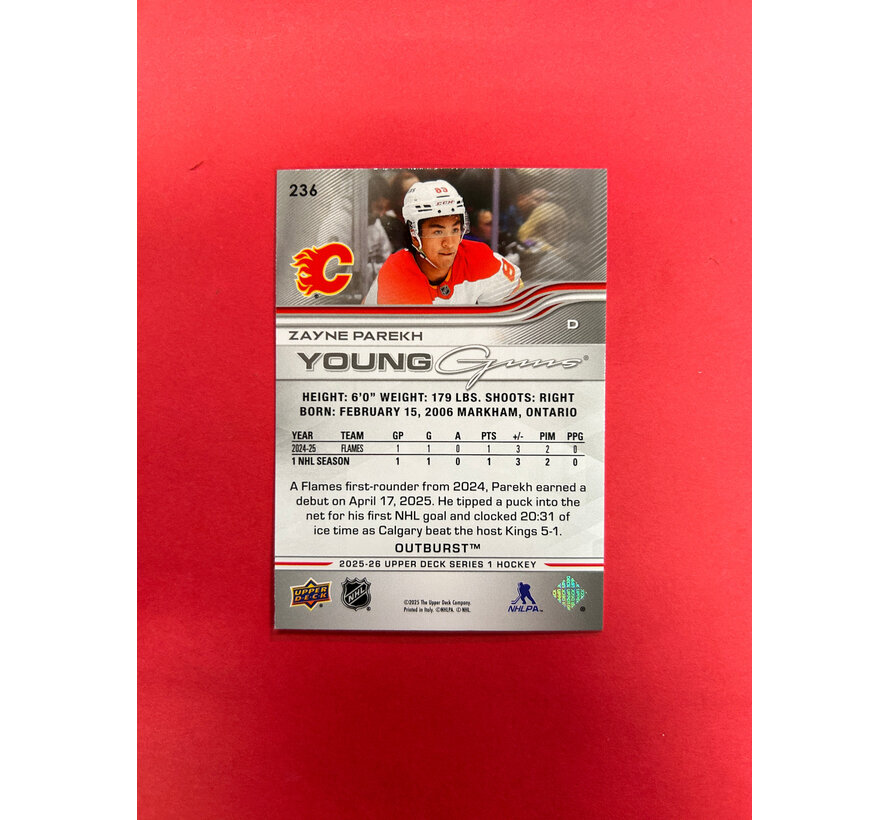 2025-26 UPPER DECK SERIES 1 ZAYNE PAREKH YOUNG GUNS OUTBURST