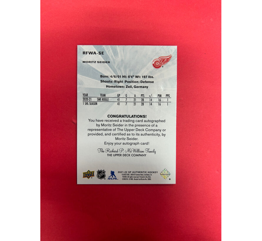 2021-22 SP AUTHENTIC MORITZ SEIDER FUTURE WATCH AUTO RETRO /99