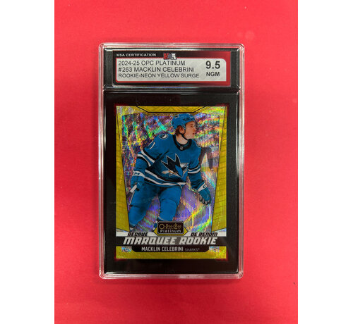 UPPER DECK 2024-25 OPC PLATINUM MACKLIN CELEBRINI NEON YELLOW SURGE ROOKIE KSA GRADED 9.5
