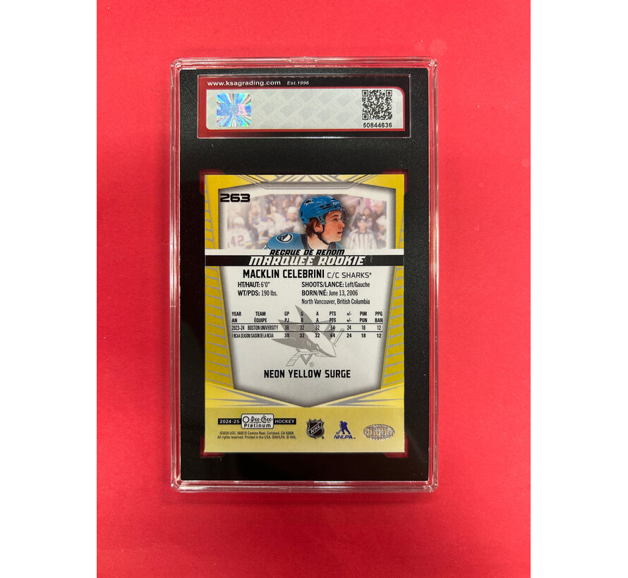2024-25 OPC PLATINUM MACKLIN CELEBRINI NEON YELLOW SURGE ROOKIE KSA GRADED 9.5