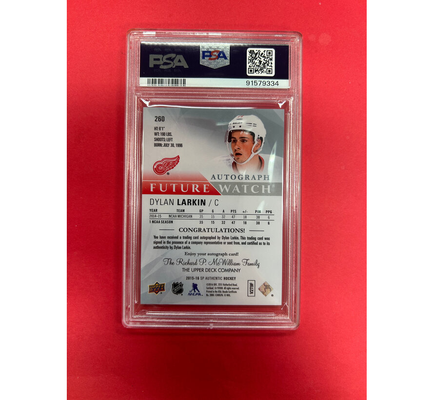 2015-16 SP AUTHENTIC DYLAN LARKIN FUTURE WATCH AUTOGRAPH PSA GRADED 9