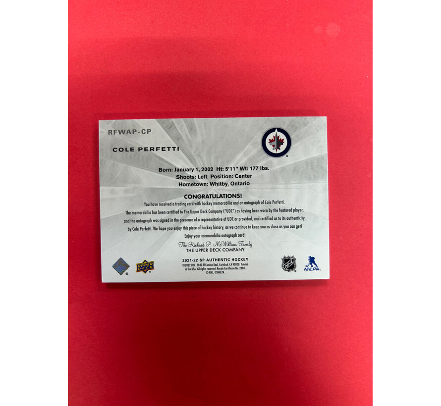 2021-22 SP AUTHENTIC COLE PERFETTI FUTURE WATCH AUTOGRAPH PATCH RETRO /99