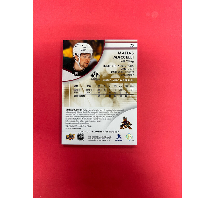 2023-24 SP AUTHENTIC MATTIAS MACCELLI LIMITED AUTO PATCH /100