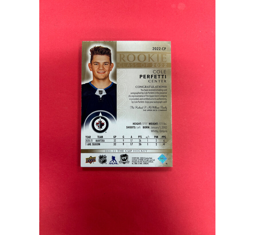 2021-22 UPPER DECK THE CUP COLE PERFETTI ROOKIE SIGNATURES GOLD /50