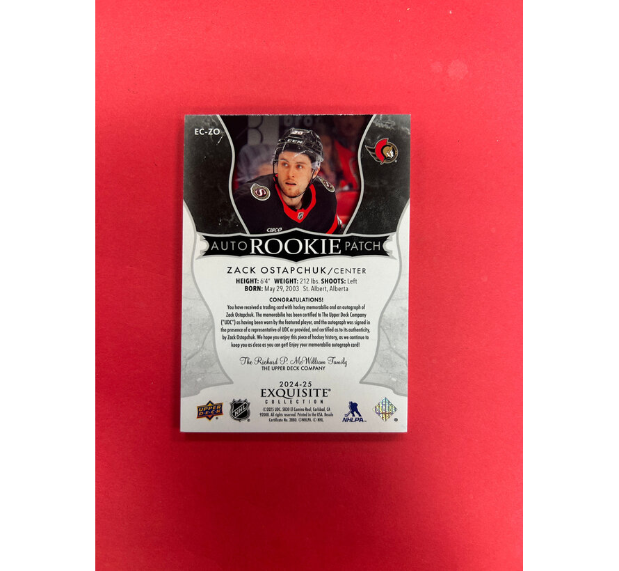 2024-25 UPPER DECK EXQUISITE COLLECTION ZACK OSTAPCHUK AUTO ROOKIE ATCH /38