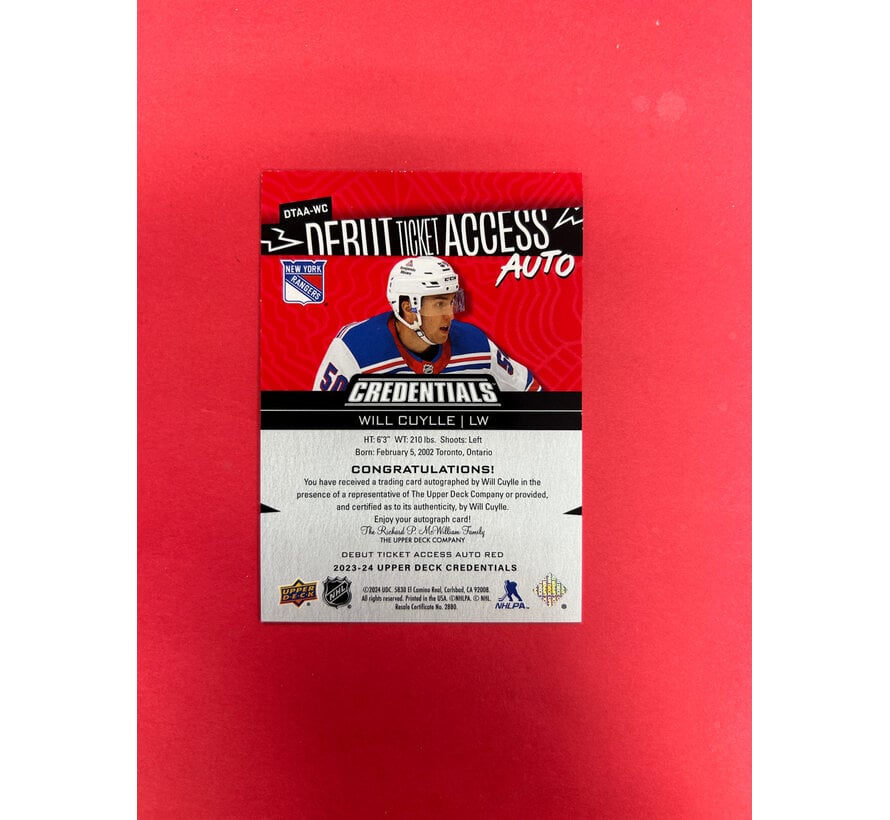 2023-24 UPPER DECK CREDENTIALS WILL CUYLLE DEBUT TICKET ACCESS AUTO /99