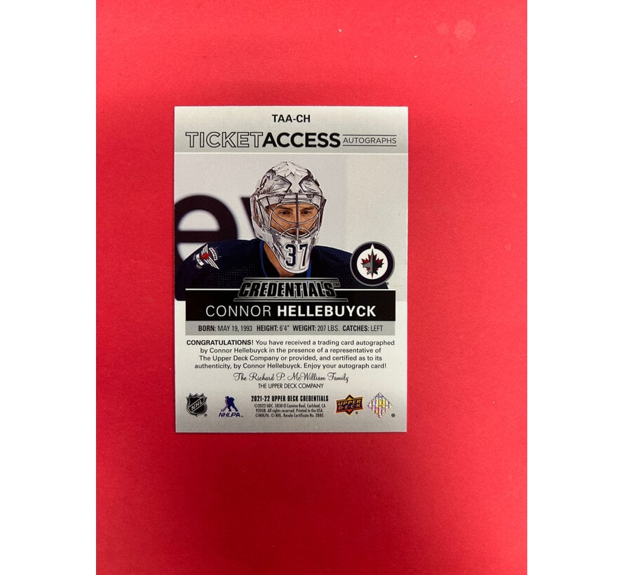 2021-22 UPPER DECK CREDENTIALS CONNOR HELLEBUYCK TICKET ACCESS AUTO /49