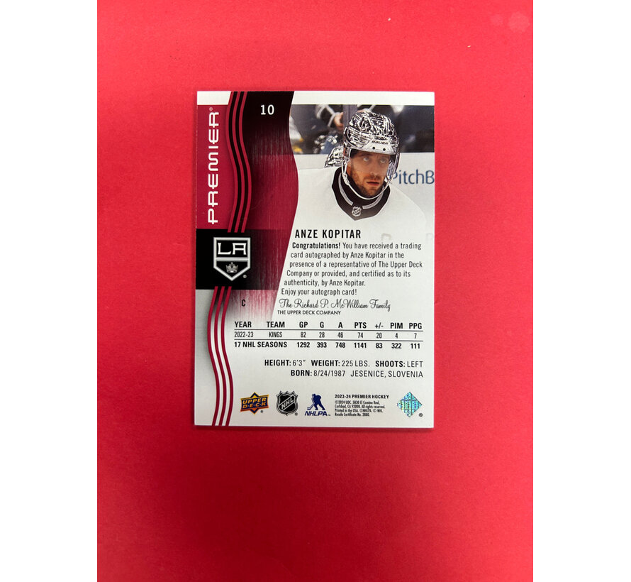 2023-24 UPPER DECK PREMIER ANZE KOPITAR RED AUTOGRAPH