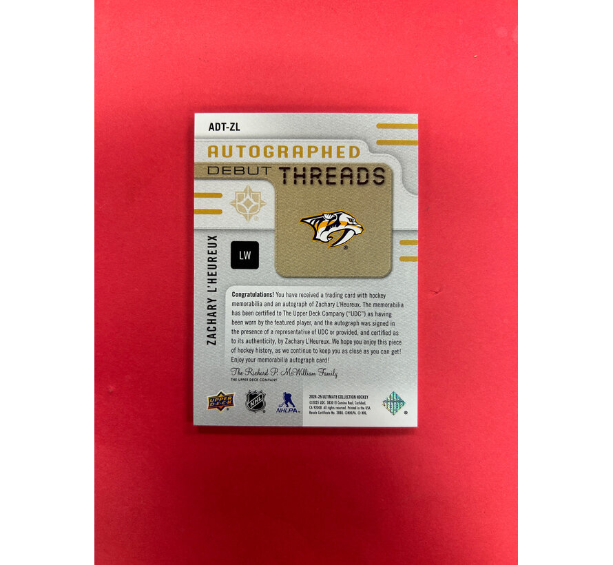 2024-25 UPPER DECK ULTIMATE ZACHARY L'HEUREUX AUTOGRAPHED DEBUT PATCHES /199