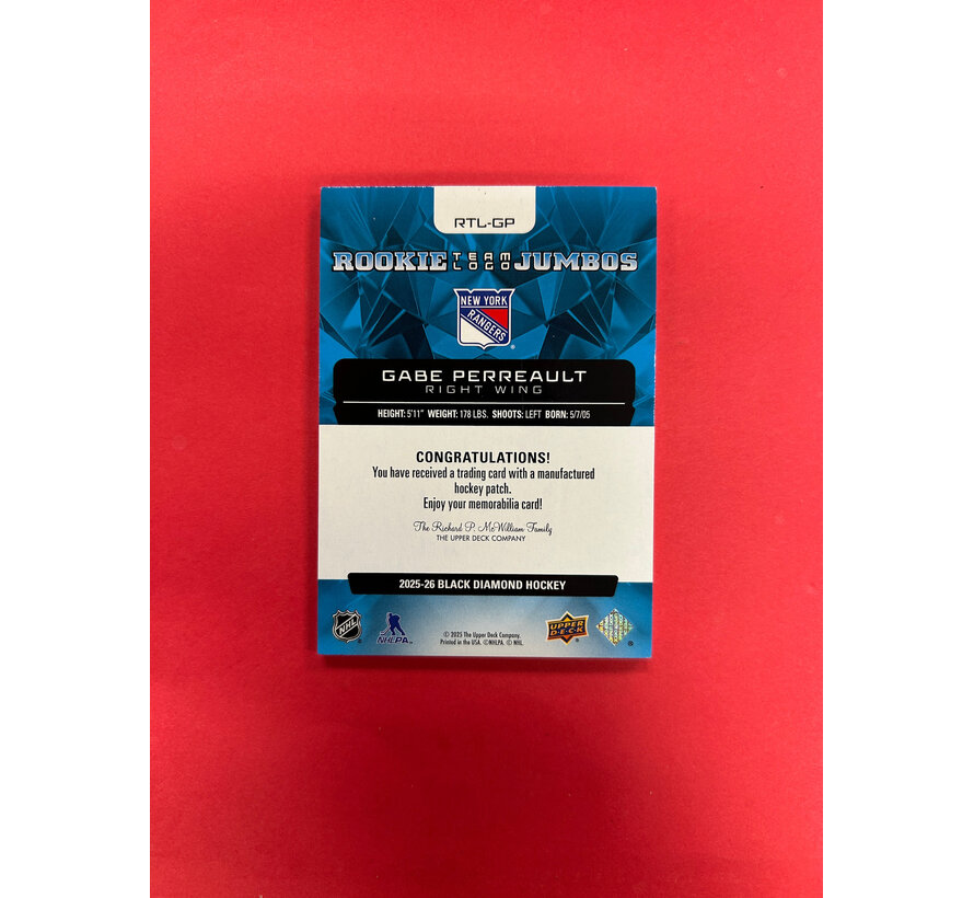 2025-26 UPPER DECK BLACK DIAMOND GABE PERREAULT TEAM LOGO JUMBOS ROOKIE