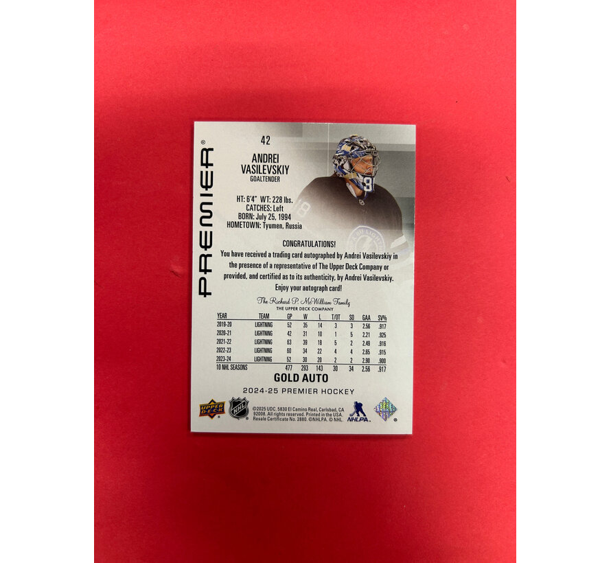 2024-25 UPPER DECK PREMIER ANDREI VASILVESKIY GOLD AUTO /25