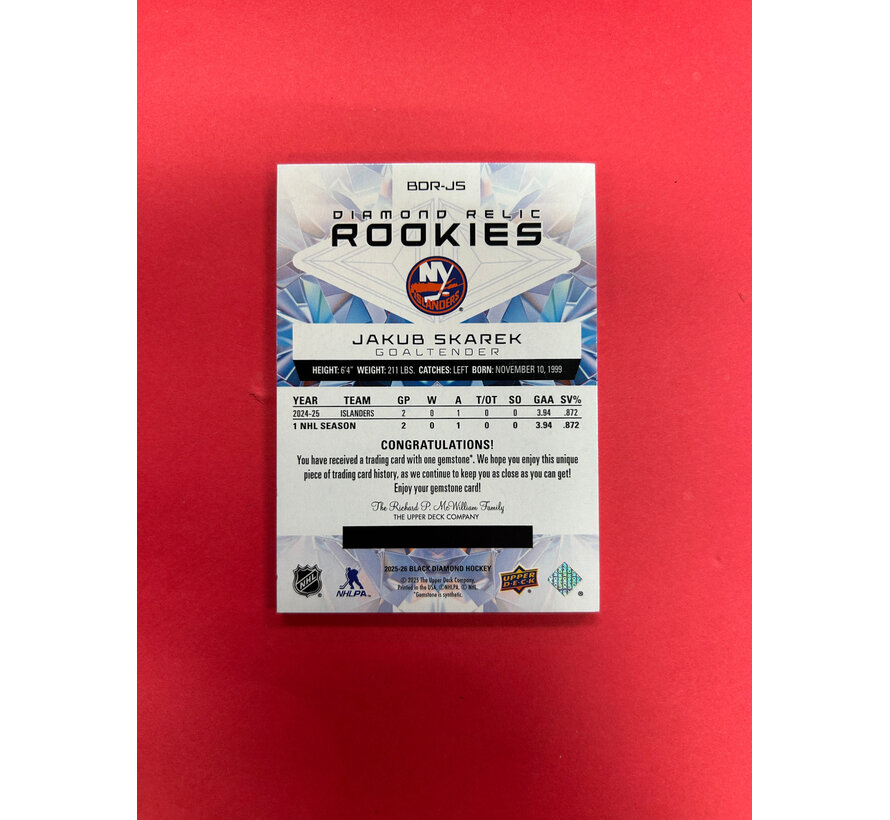2025-26 UPPER DECK BLACK DIAMOND JAKUB SKAREK DIAMOND RELIC ROOKIES /99