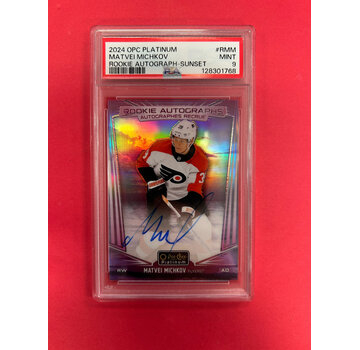 UPPER DECK 2024-25 OPC PLATINUM MATVEI MICHKOV ROOKIE AUTOGRAPH SUNSET PSA GRADED 9