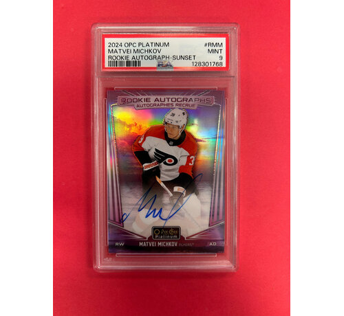 UPPER DECK 2024-25 OPC PLATINUM MATVEI MICHKOV ROOKIE AUTOGRAPH SUNSET PSA GRADED 9