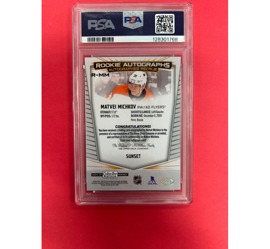 2024-25 OPC PLATINUM MATVEI MICHKOV ROOKIE AUTOGRAPH SUNSET PSA GRADED 9