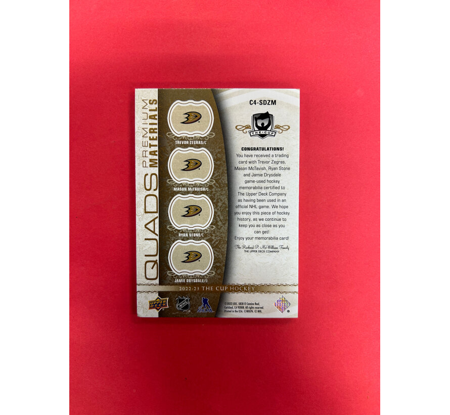 2022-23 UPPER DECK THE CUP QUAD PREMIUM MATERIALS ANAHEIM DUCKS /5