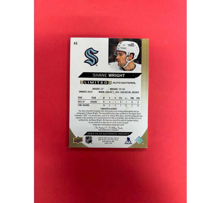 2024-25 SP AUTHENTIC SHANE WRIGHT LIMITED AUTO MATERIAL /50 GLOVE PATCH