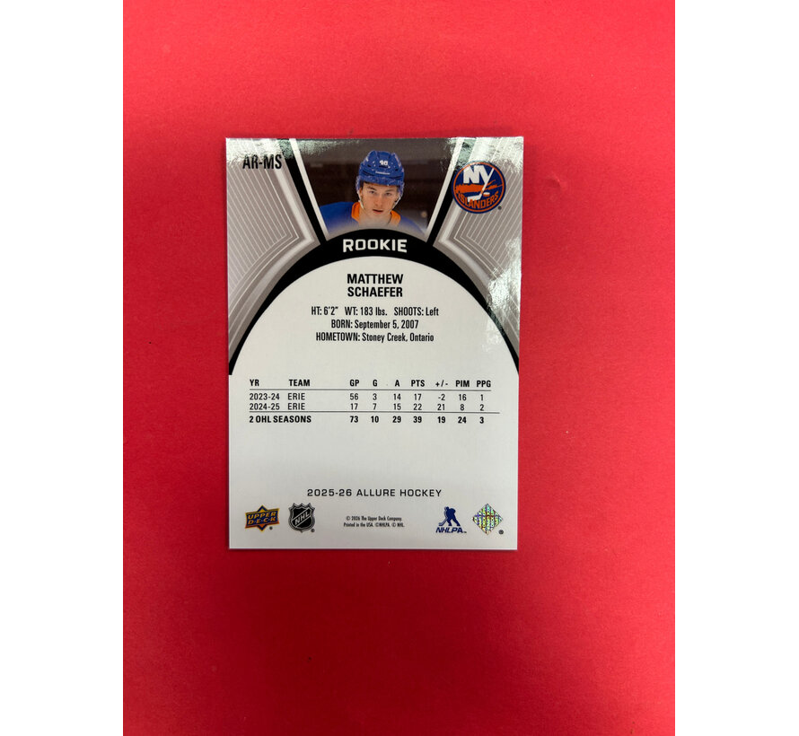 2025-26 UPPER DECK ALLURE MATTHEW SCHAEFER EXTENDED ROOKIE SP