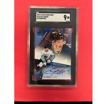 UPPER DECK 2023-24 UD SP GAME USED CALE MAKAR BLUE AUTO SGC GRADED 9