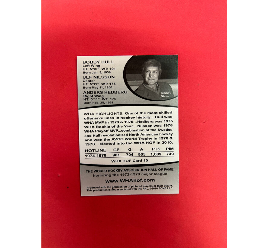 WHA WINNIPEG HOTLINE ULF NILSSON BOBBY HULL AUTOGRAPHED CARD