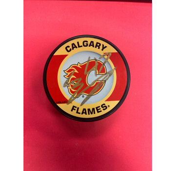 CONNOR ZARY AUTOGRAPHED FLAMES PUCK