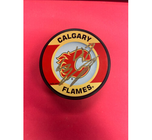CONNOR ZARY AUTOGRAPHED FLAMES PUCK