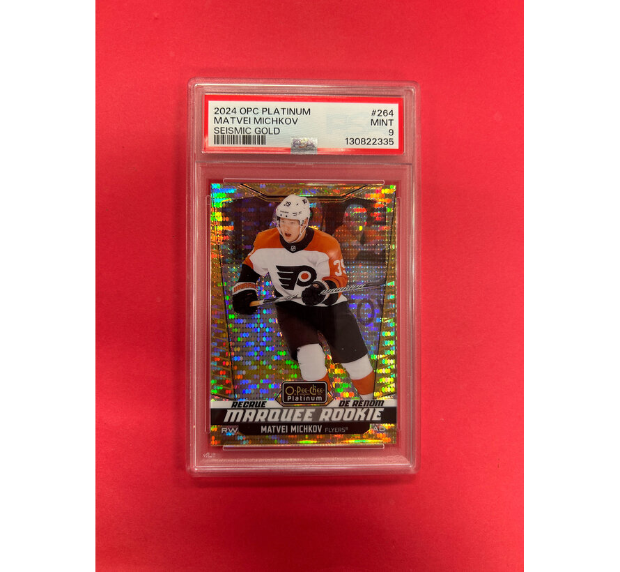 2024-25 OPC PLATINUM MATVEI MICHKOV SEISMIC GOLD ROOKIE /50 PSA GRADED 9
