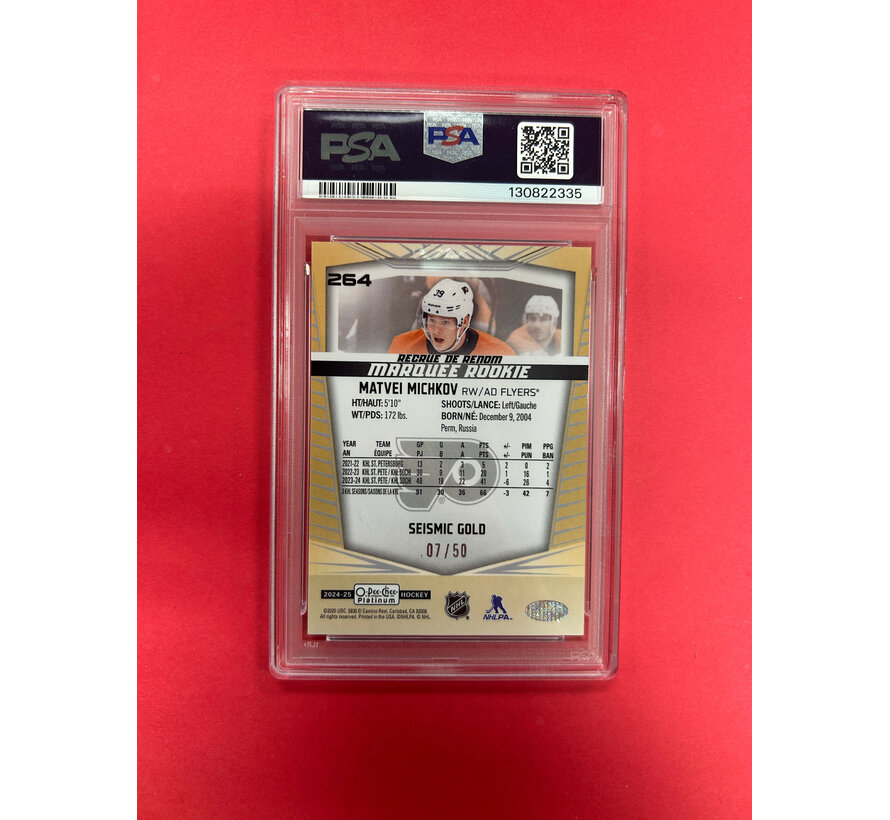 2024-25 OPC PLATINUM MATVEI MICHKOV SEISMIC GOLD ROOKIE /50 PSA GRADED 9