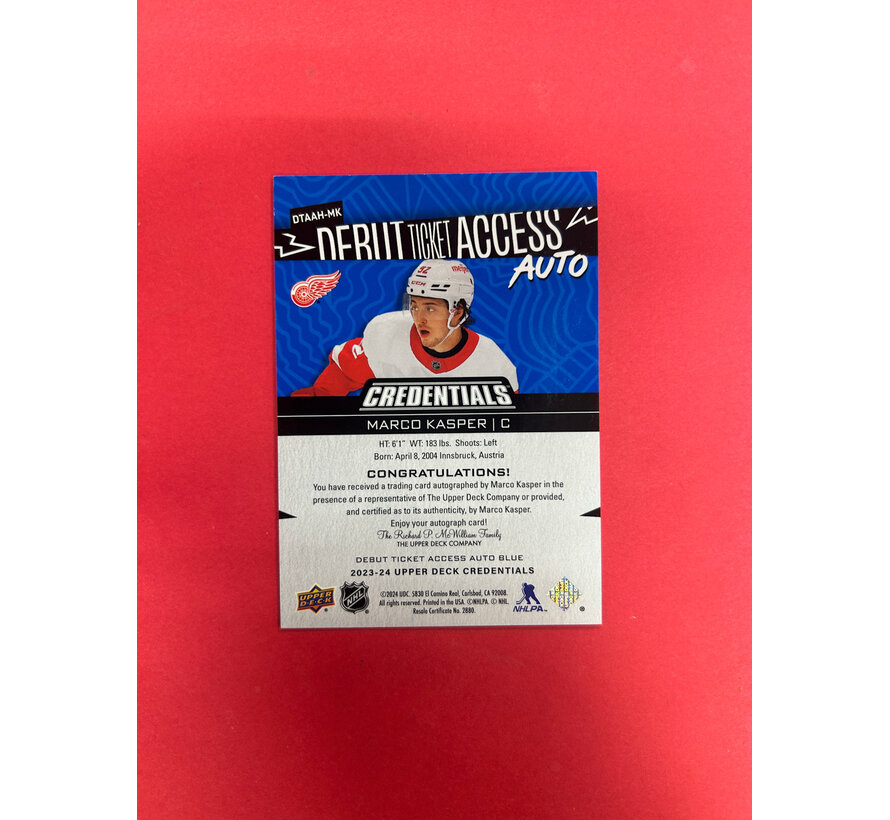 2023-24 UPPER DECK CREDENTIALS MARCO KASPER DEBUT TICKET ACCESS BLUE /10