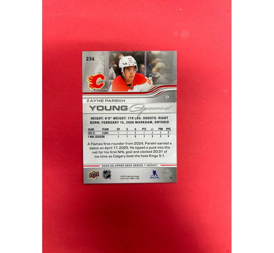 2025-26 UPPER DECK SERIES 1 ZAYNE PAREKH YOUNG GUNS