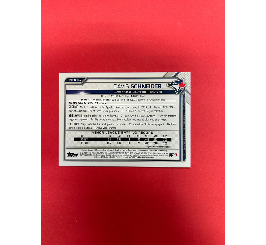 2021 BOWMAN PROSPECTS DAVIS SCHNEIDER 1ST BOWMAN AUTOGRAPH