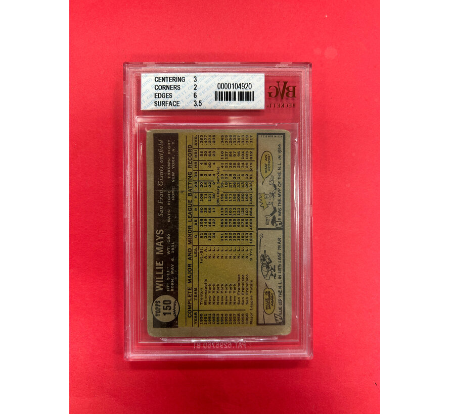1961 TOPPS WILLIE MAYS BECKETT VINTAGE GRADED 2.5
