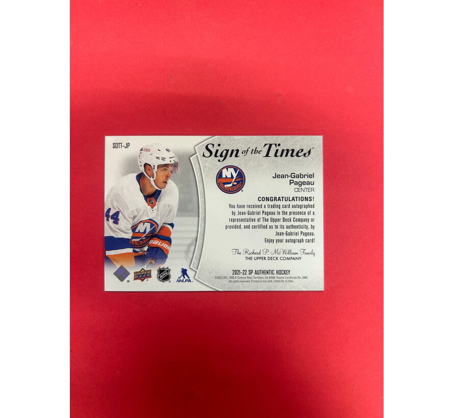 2021-22 SP AUTHENTIC JEAN-GABRIEL PAGEAU  SIGN OF THE TIMES BLACK INSCRIBED /49