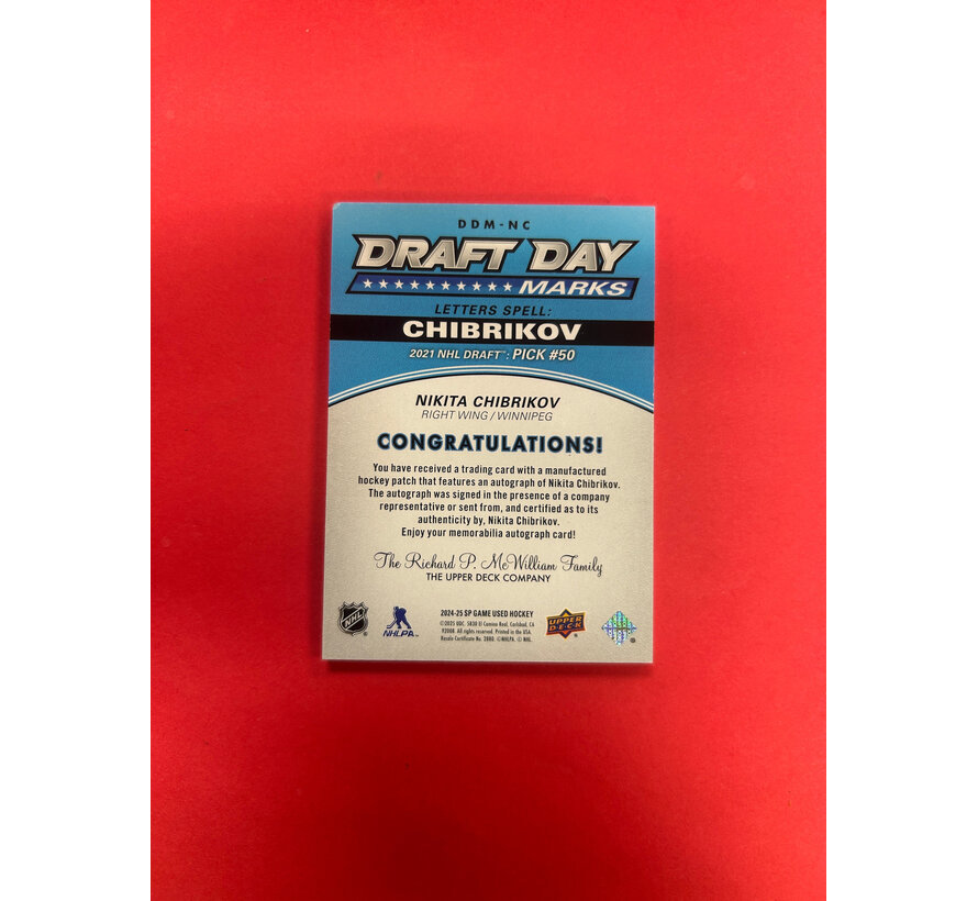 2024-25 SP GAME USED NIKITA CHIBRIKOV DRAFT DAY MARKS "I" /35