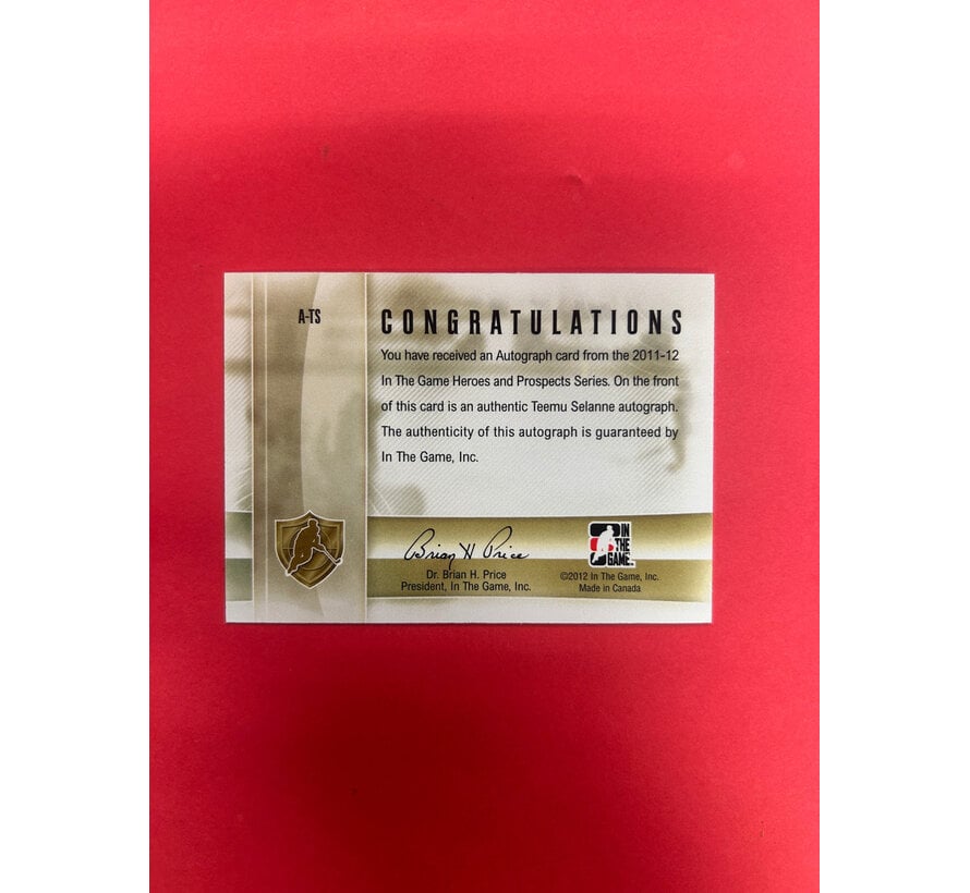 2012 IN THE GAME TEEMU SELANNE HOCKEY HERO AUTOGRAPH