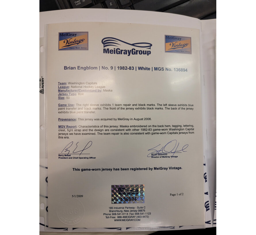 BRIAN ENGBLOM GAME-USED CAPITALS JERSEY FROM 1982-83 MEIGREY C.O.A.