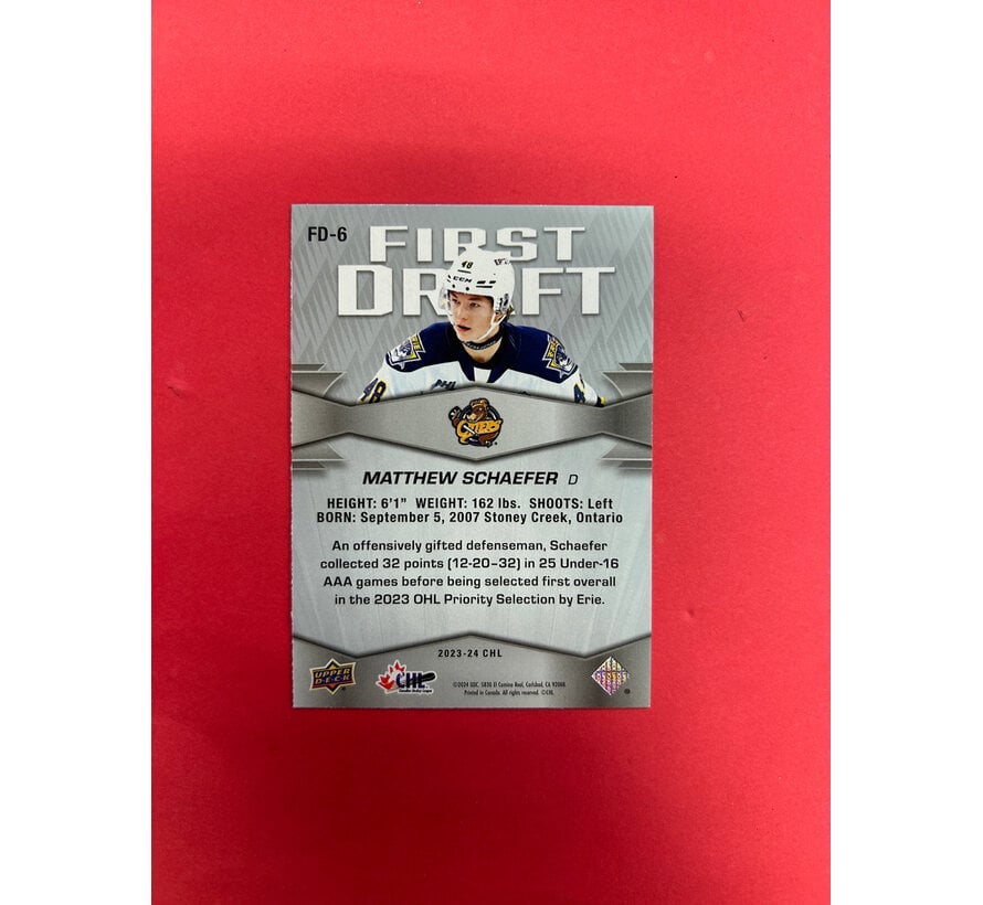 2023-24 UPPER DECK CHL MATTHEW SCHAEFER FIRST DRAFT SP
