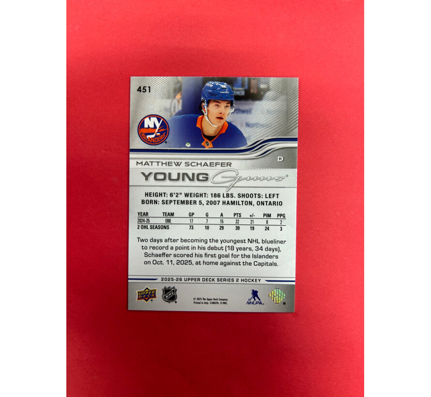 2025-26 UPPER DECK SERIES 2 MATTHEW SCHAEFER YOUNG GUNS