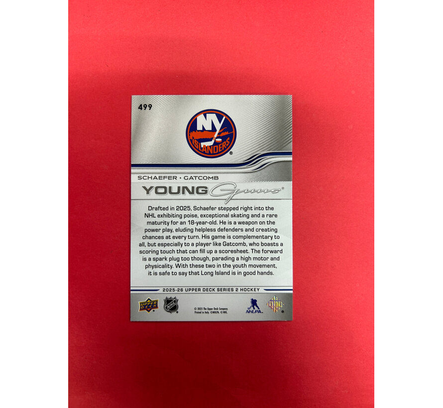 2025-26 UPPER DECK SERIES 2 YOUNG GUNS TEAMATES SCHAEFER/GATCOMB STEPBROTHERS POSE