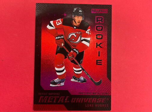UPPER DECK 2023-24 METAL UNIVERSE LUKE HUGHES PRECIOUS METAL GEMS RETRO ROOKIE /100