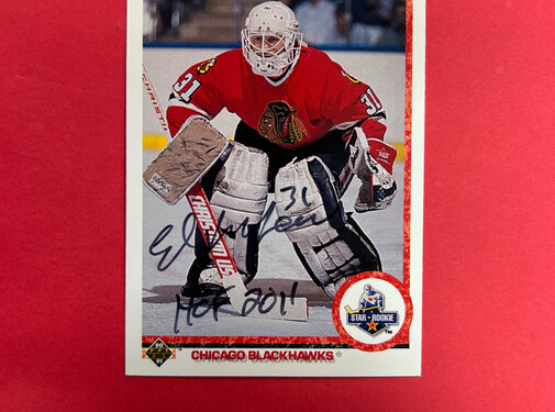 UPPER DECK 1991 UPPER DECK ED BELFOUR ROOKIE AUTOGRAPHED HOF INSCRIPTION