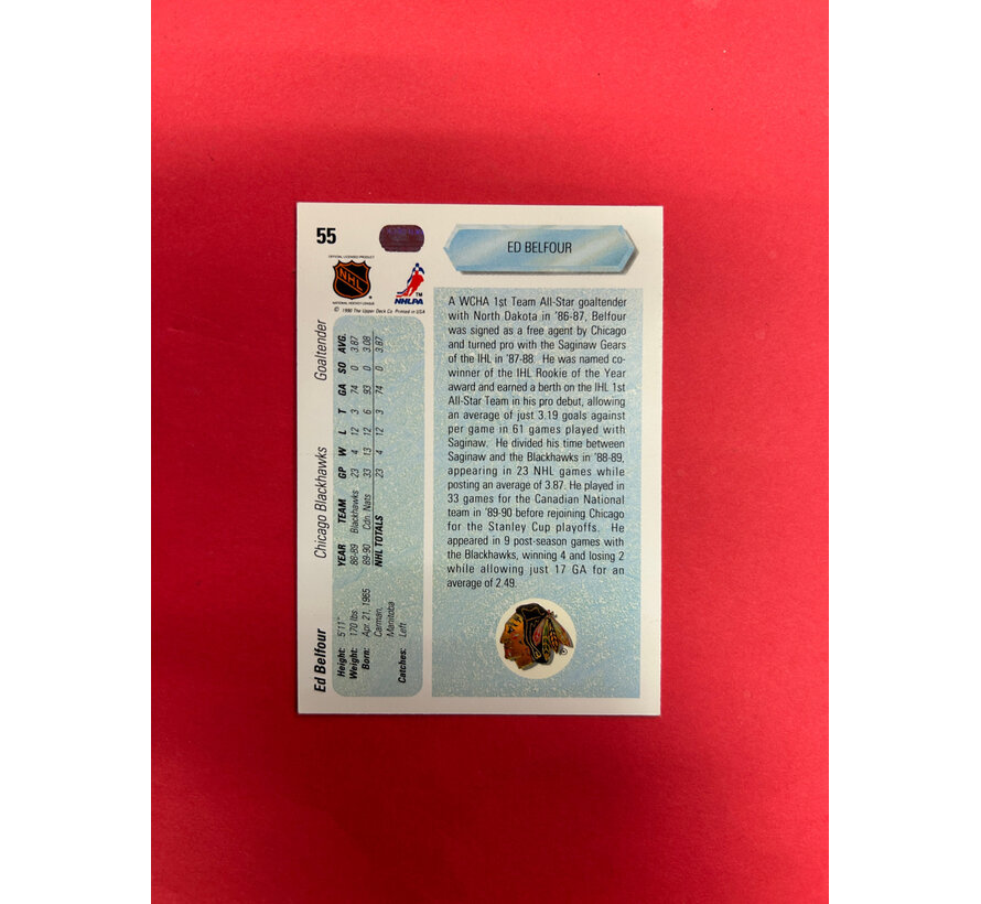 1991 UPPER DECK ED BELFOUR ROOKIE AUTOGRAPHED HOF INSCRIPTION