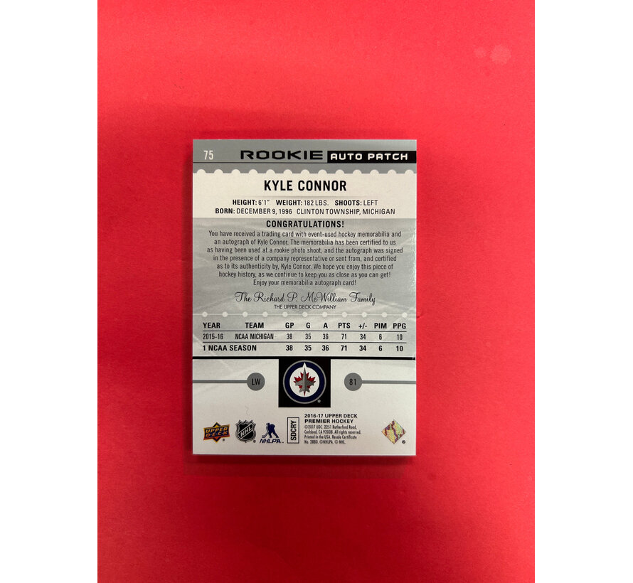 2016-17 UPPER DECK PREMIER KYLE CONNOR ROOKIE AUTO PATCH /299