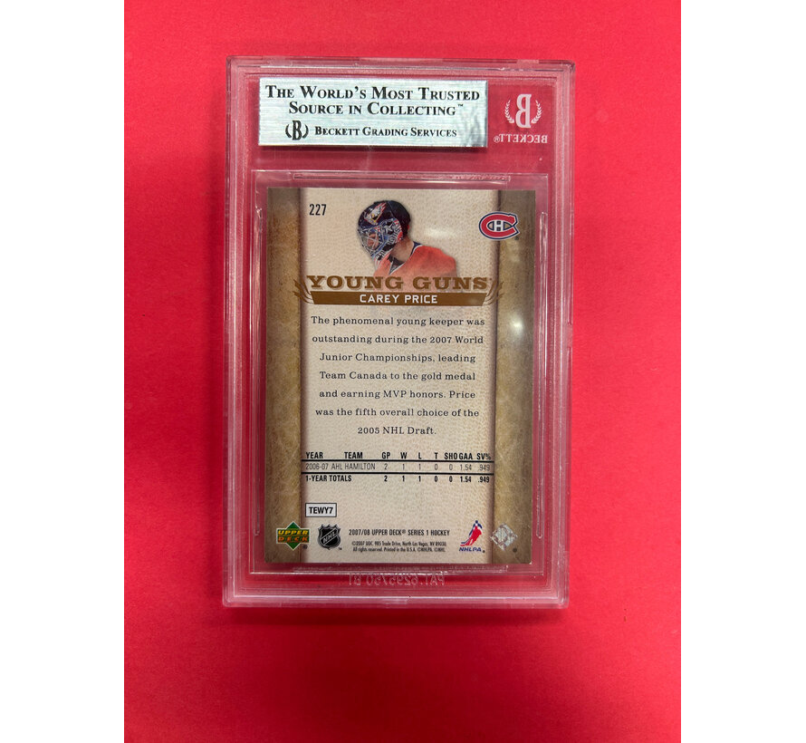 2007-08 UPPER DECK SERIES 1 CAREY PRICE YOUNG GUNS BECKETT GRADED 9